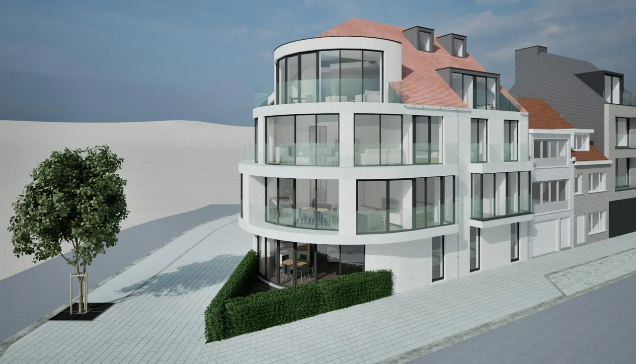 De afgeronde hoek met de glazen balustrades