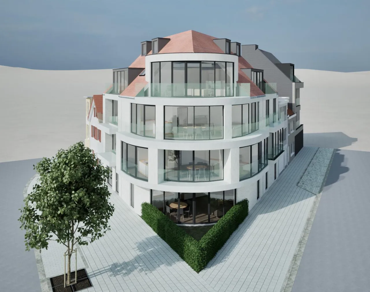 Het gebouw van bovenaf gezien, met de haag op de hoek